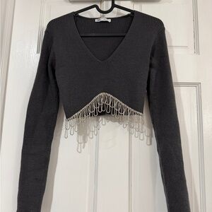 ZARA Stunning Rhinestone Trim Knit Top (Size S)